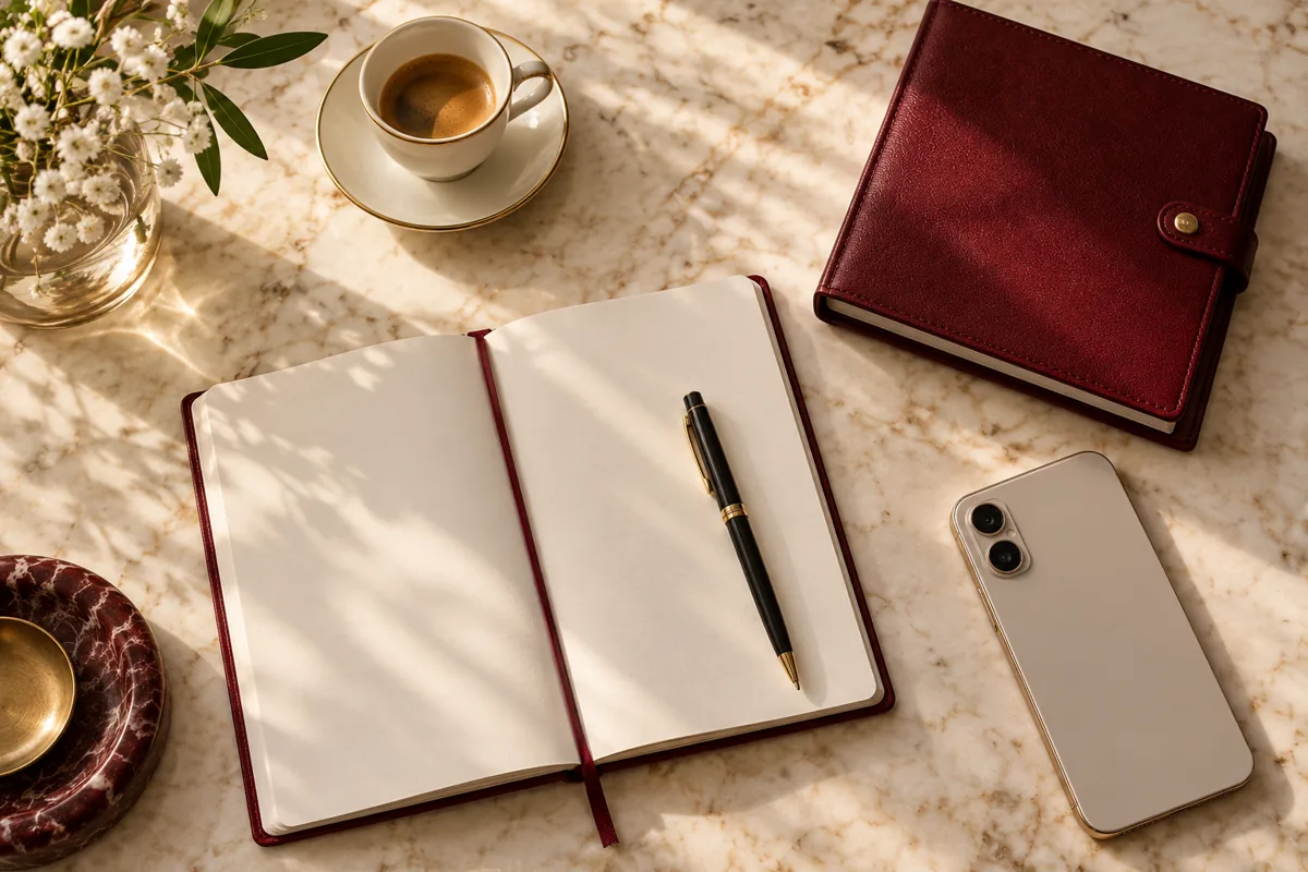 Phone, notebook and coffee on a calm private workspace