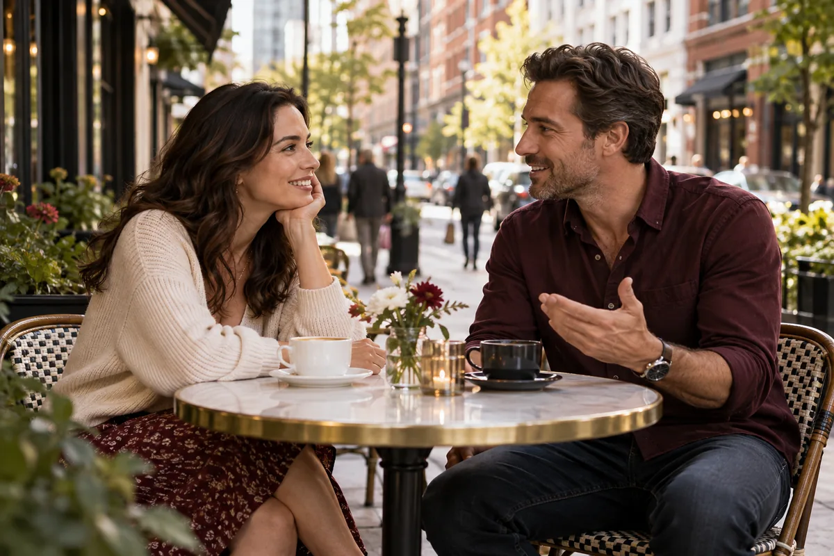 Adults talking at an outdoor cafe in an American city