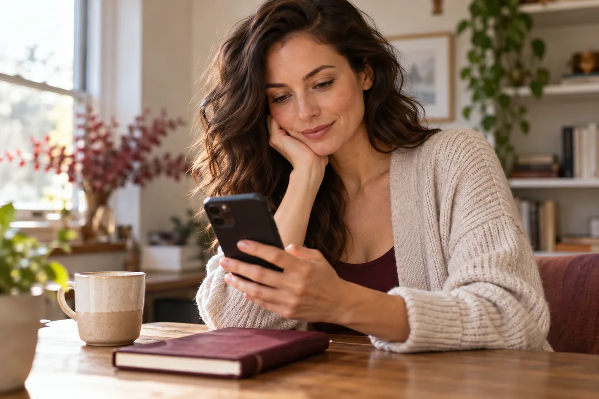 An adult woman checking a smartphone at a quiet desk