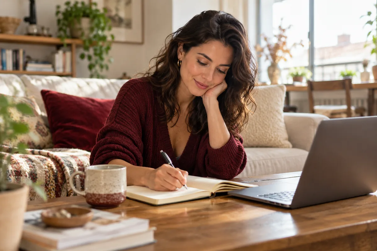 An adult woman writing a personal introduction beside a laptop