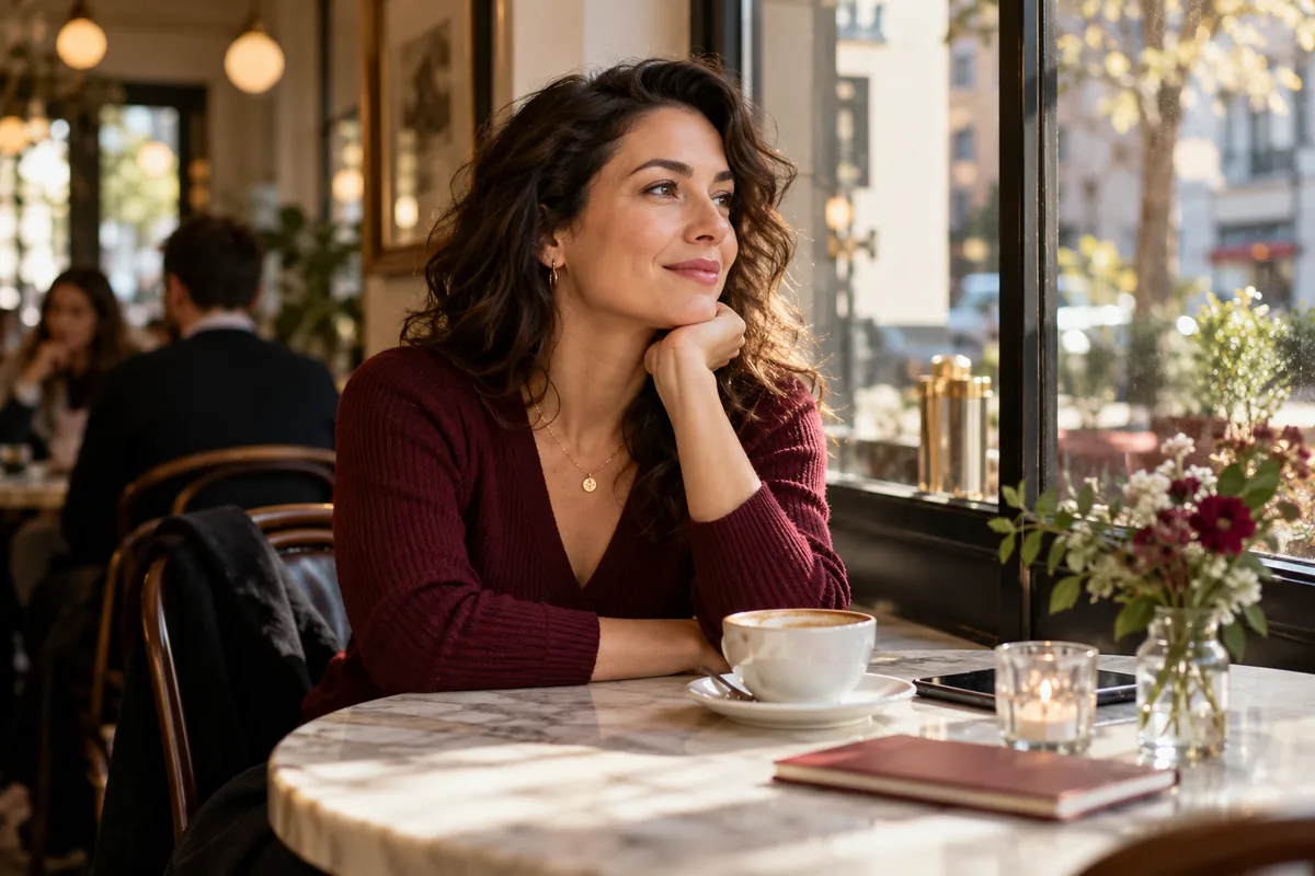 A thoughtful adult woman beside a cafe window