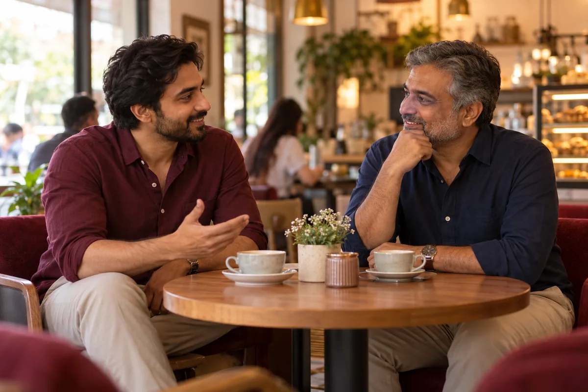 Two adult men sharing a relaxed conversation at a cafe