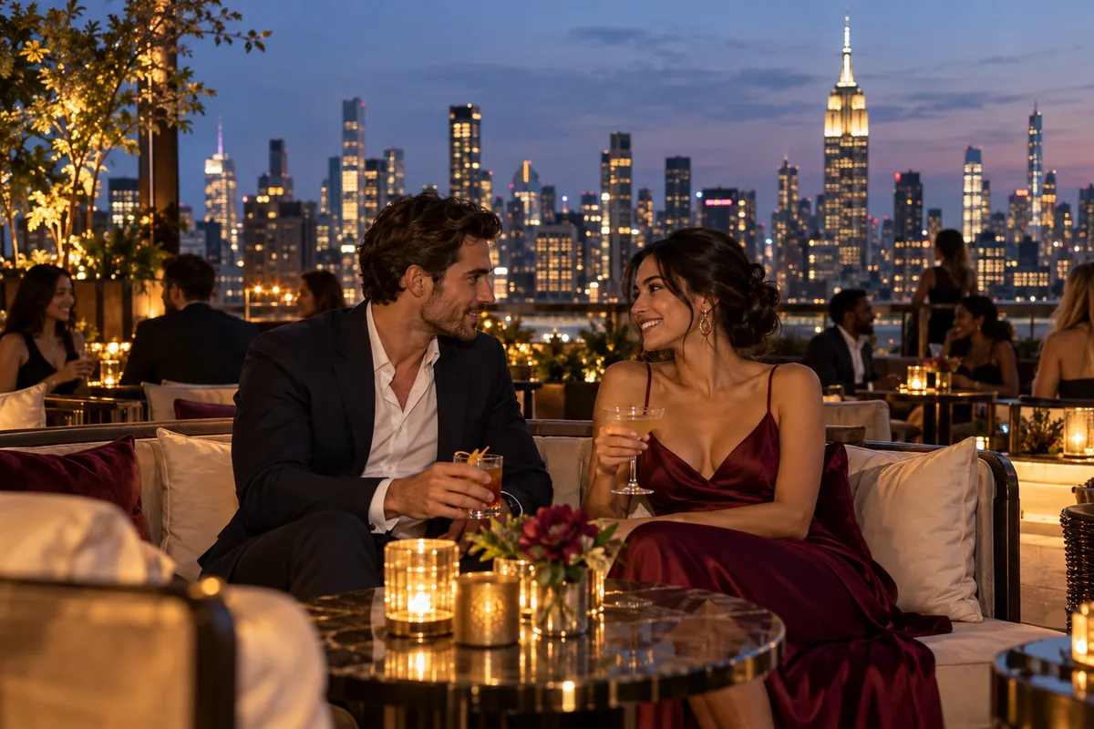 Illustrative New York rooftop lounge at dusk