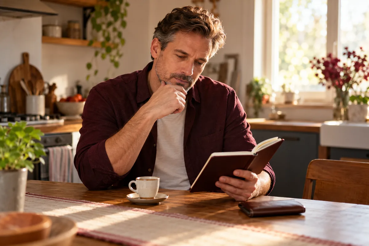 An adult man reviewing a notebook at home